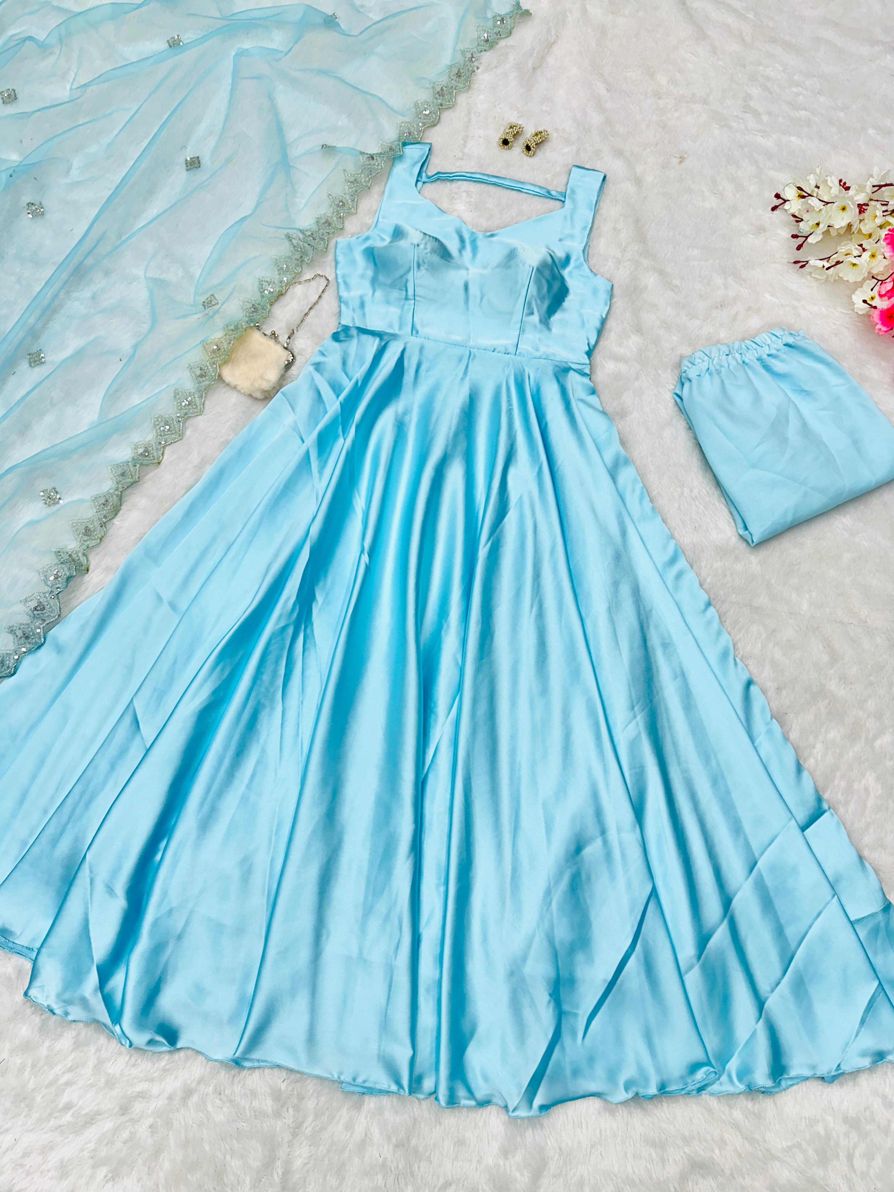Latest Designer Beautiful Sky Blue Color Pure Japan Satin Anarkali Suit