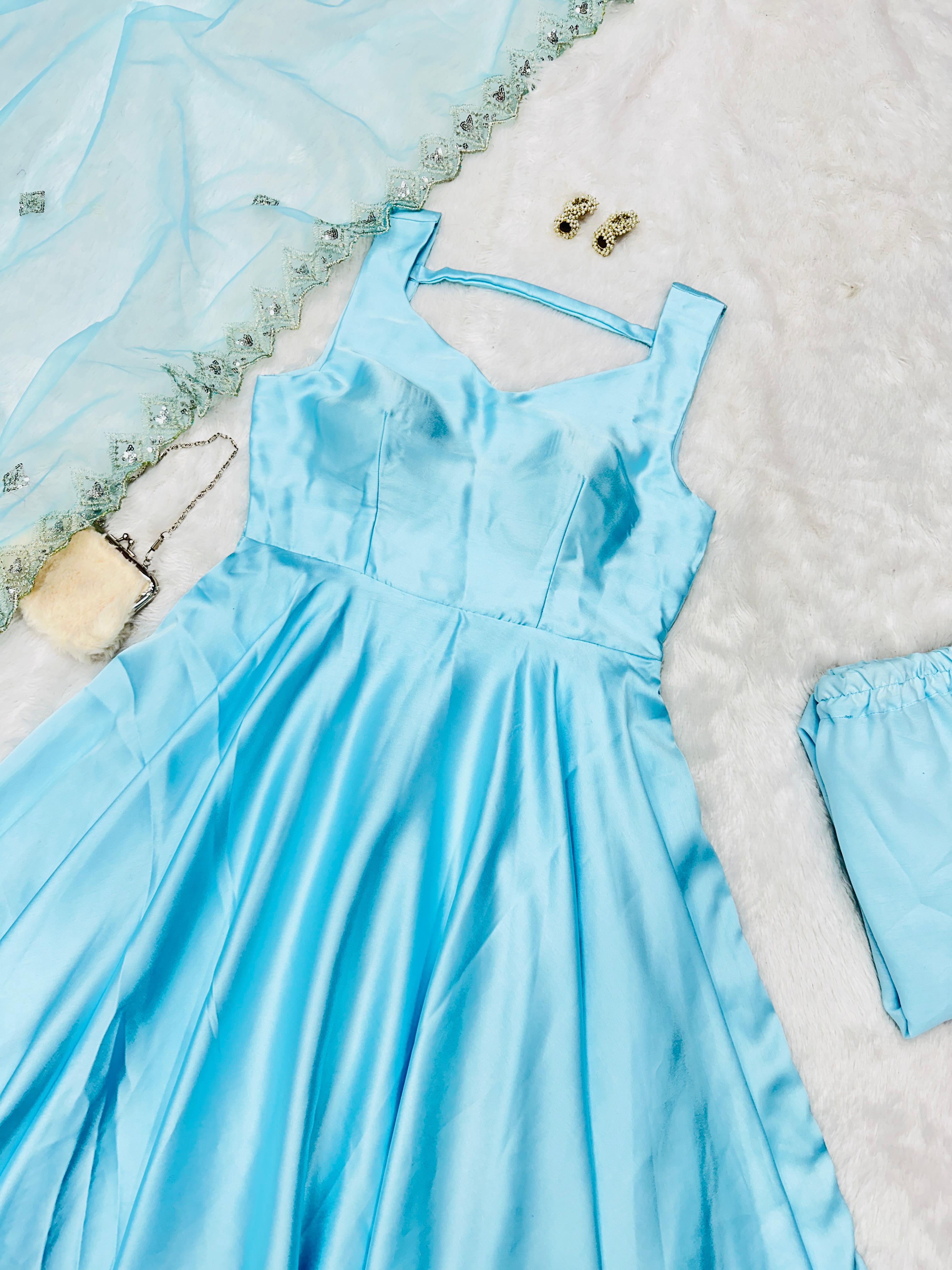 Latest Designer Beautiful Sky Blue Color Pure Japan Satin Anarkali Suit