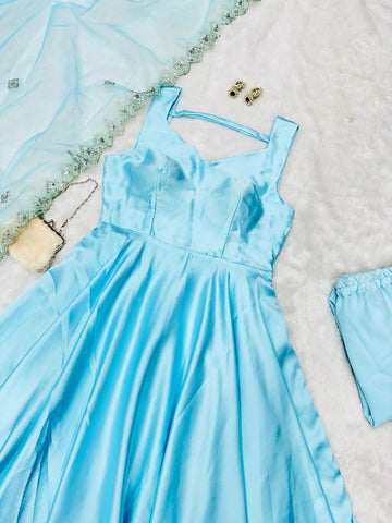 Latest Designer Beautiful Sky Blue Color Pure Japan Satin Anarkali Suit