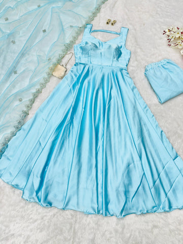 Latest Designer Beautiful Sky Blue Color Pure Japan Satin Anarkali Suit