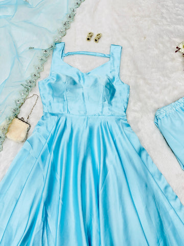 Latest Designer Beautiful Sky Blue Color Pure Japan Satin Anarkali Suit