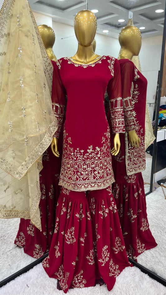 Party Wear Red Color Heavy Faux Georgette With 5mm Embroidery Sequence Work Designer Sharara Suit