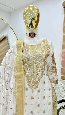 Delightful Off White Color Chinon Silk With Embroidery Codding Sequence Work Salwar Suit