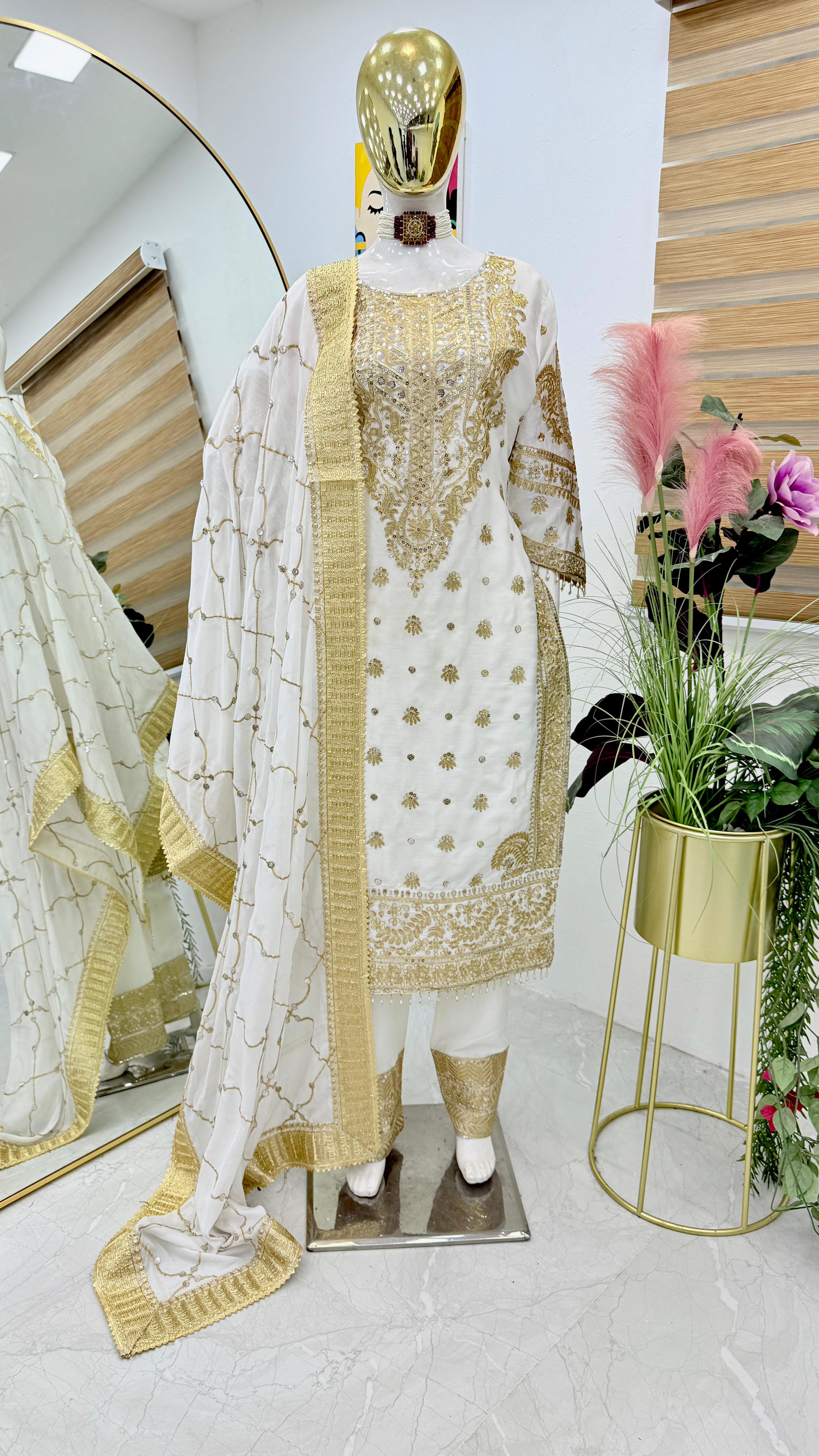 Delightful Off White Color Chinon Silk With Embroidery Codding Sequence Work Salwar Suit