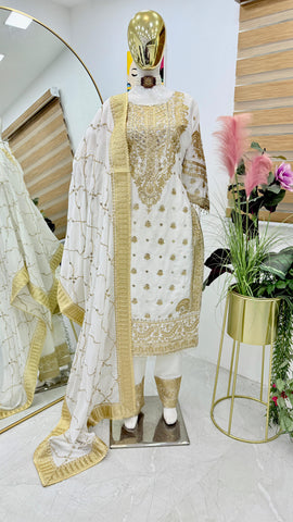 Delightful Off White Color Chinon Silk With Embroidery Codding Sequence Work Salwar Suit