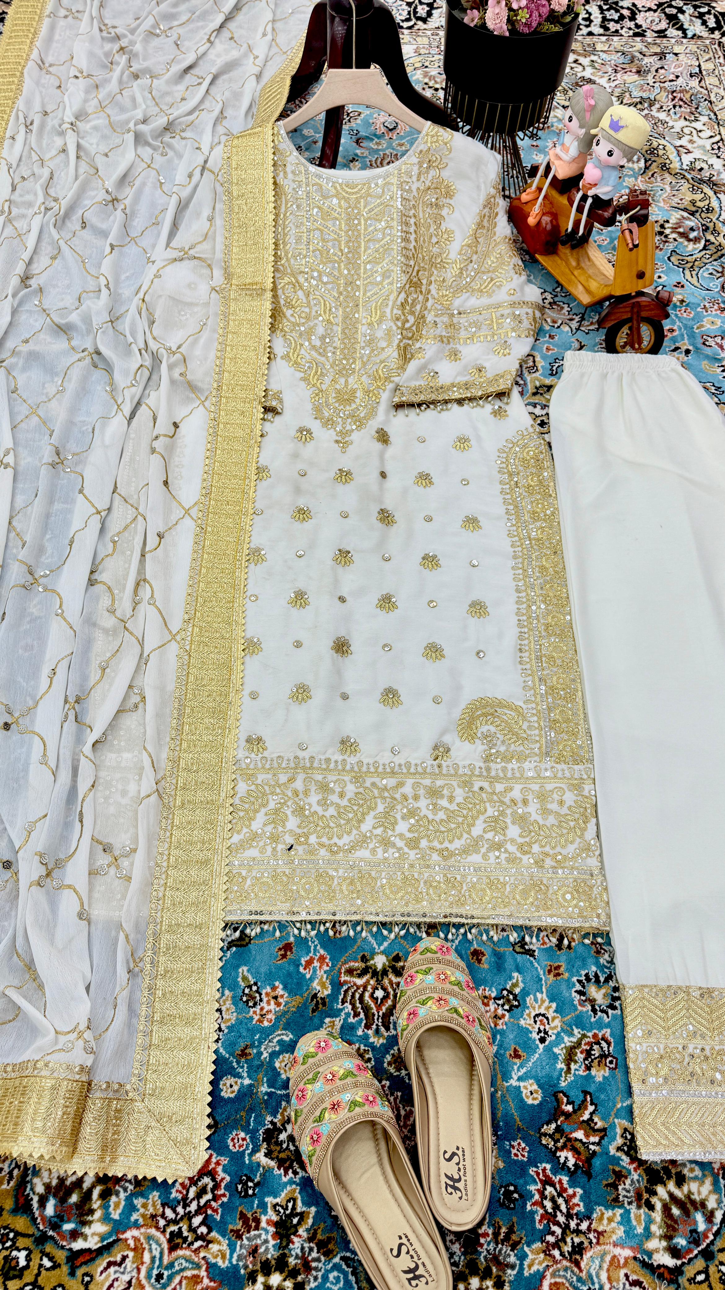Delightful Off White Color Chinon Silk With Embroidery Codding Sequence Work Salwar Suit