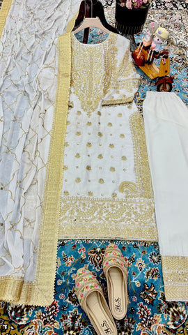 Delightful Off White Color Chinon Silk With Embroidery Codding Sequence Work Salwar Suit