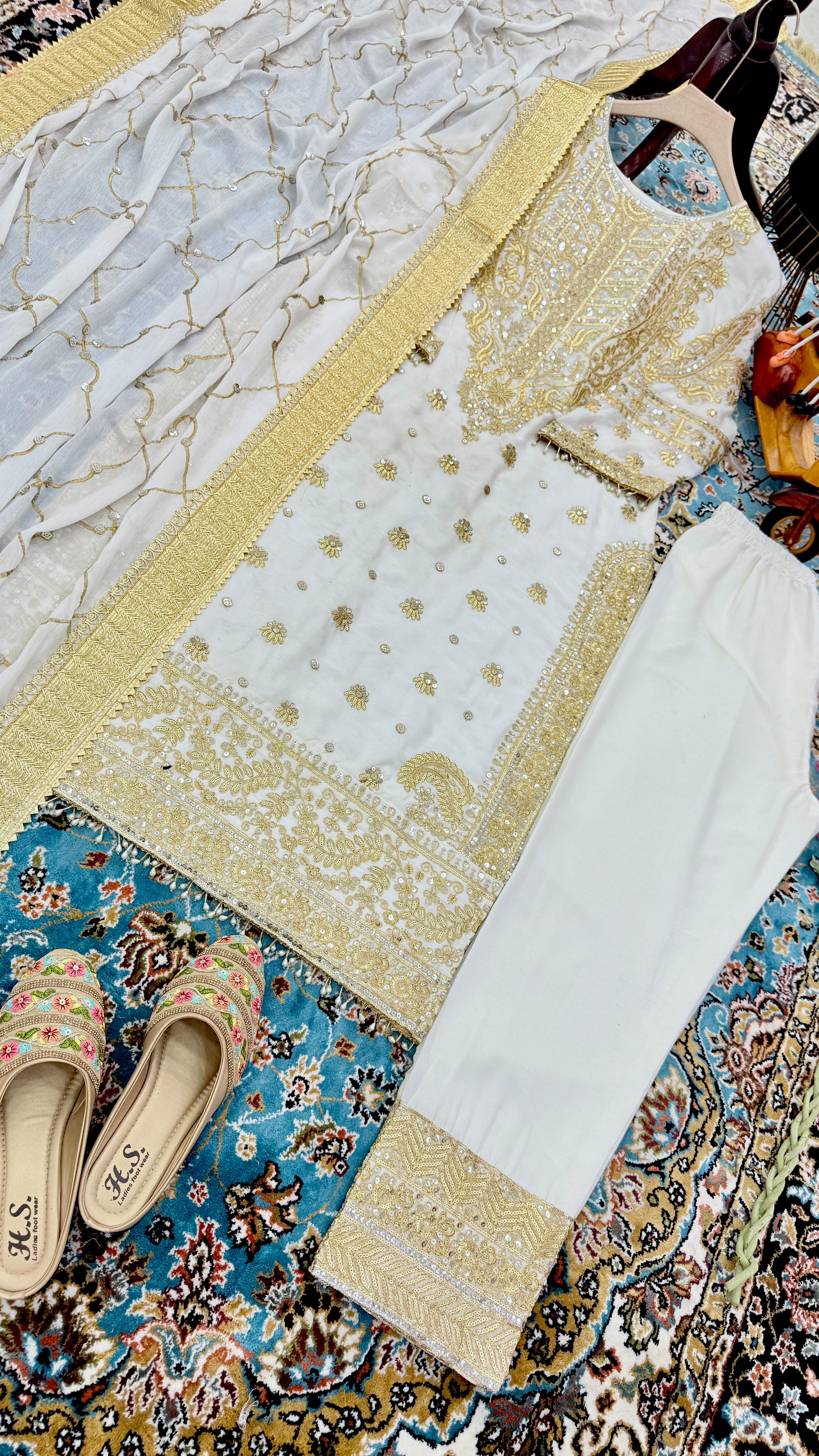 Delightful Off White Color Chinon Silk With Embroidery Codding Sequence Work Salwar Suit