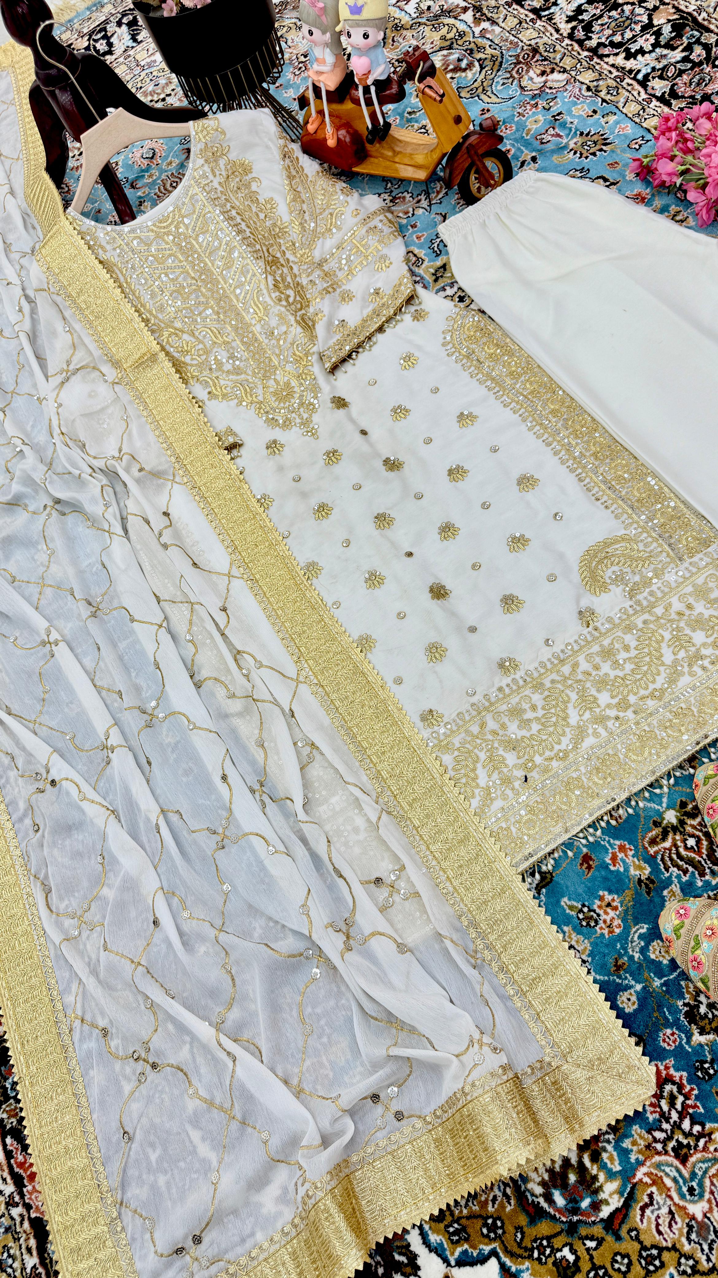 Delightful Off White Color Chinon Silk With Embroidery Codding Sequence Work Salwar Suit