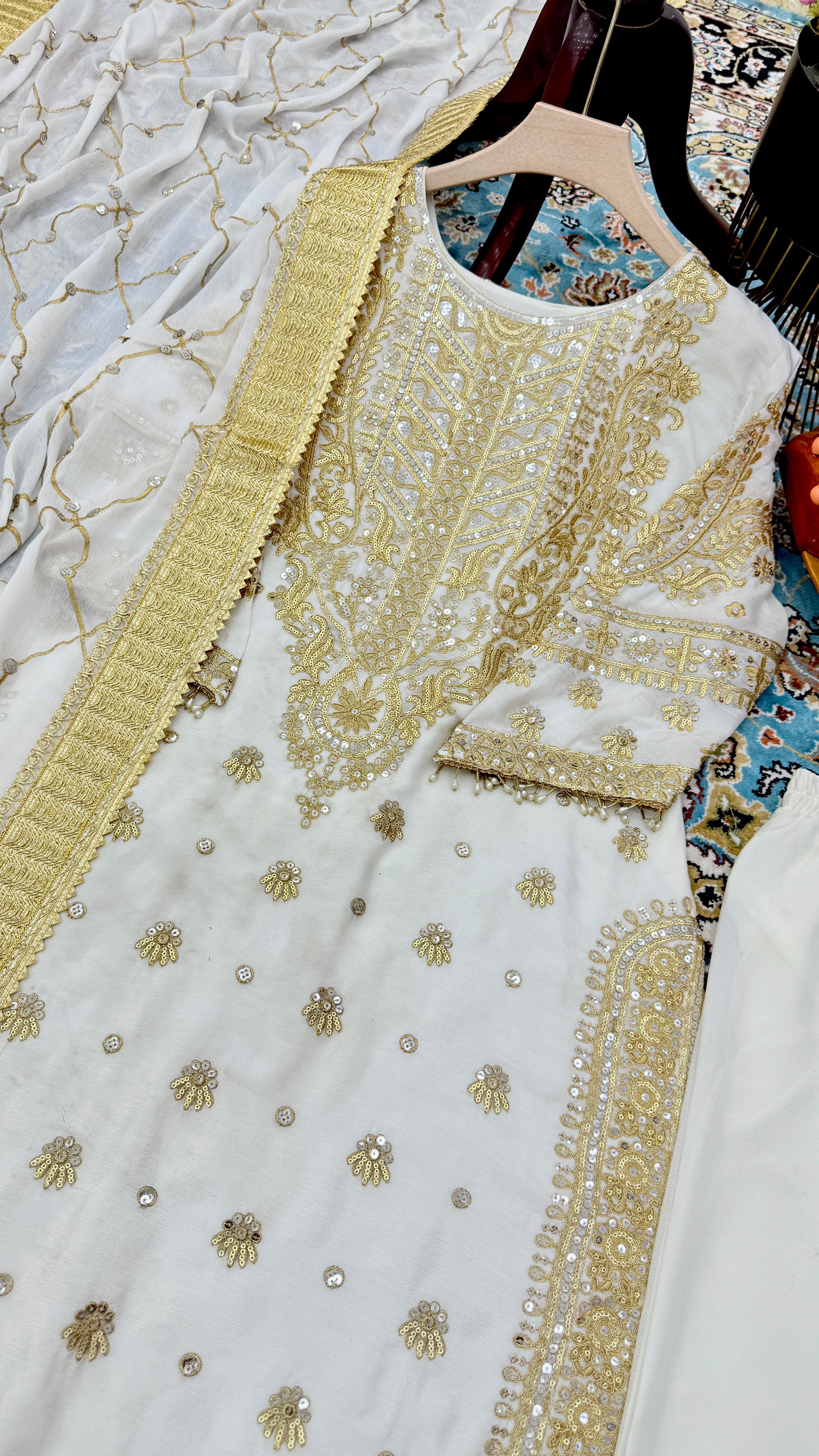 Delightful Off White Color Chinon Silk With Embroidery Codding Sequence Work Salwar Suit