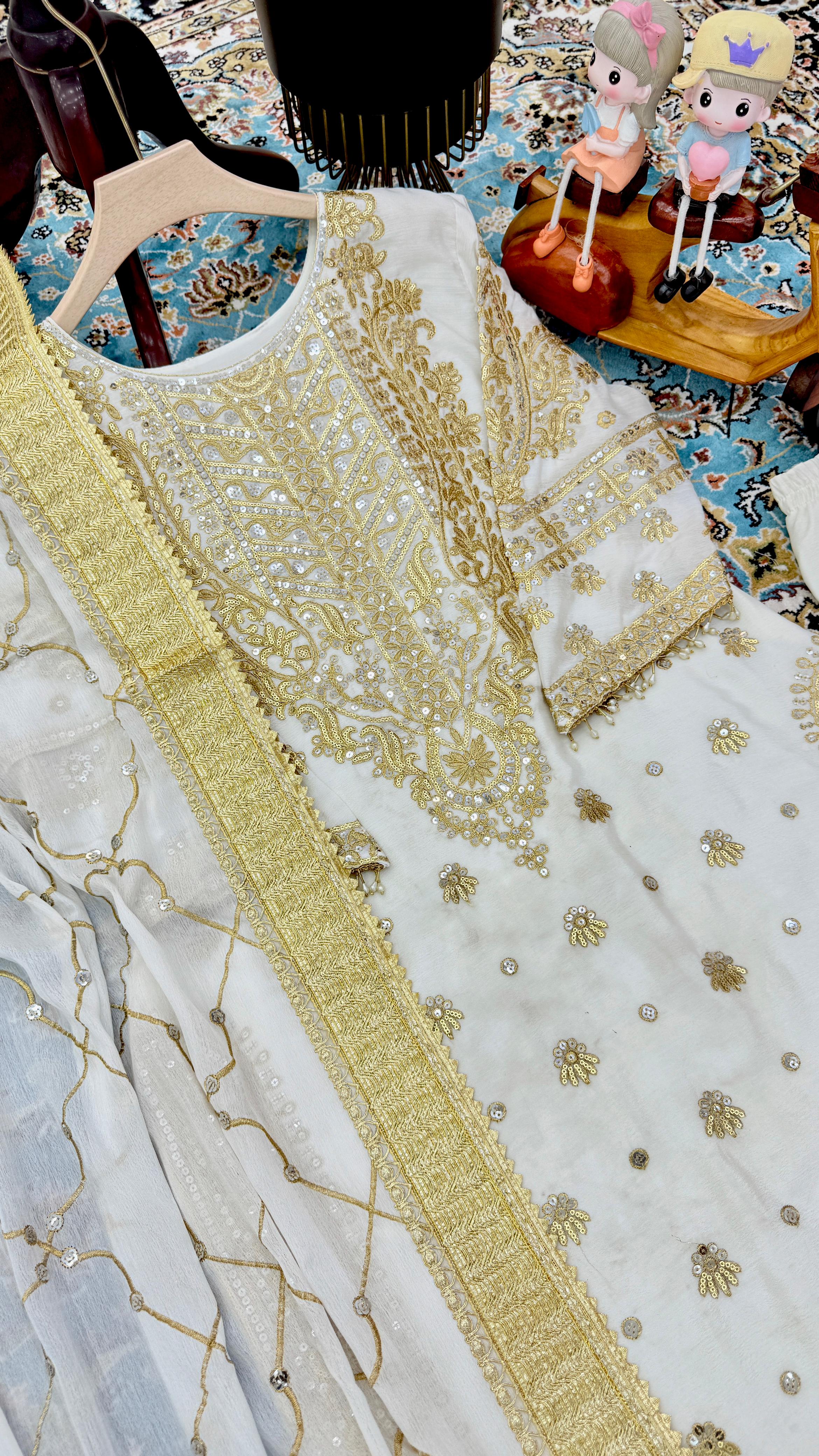 Delightful Off White Color Chinon Silk With Embroidery Codding Sequence Work Salwar Suit