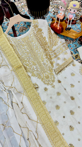 Delightful Off White Color Chinon Silk With Embroidery Codding Sequence Work Salwar Suit