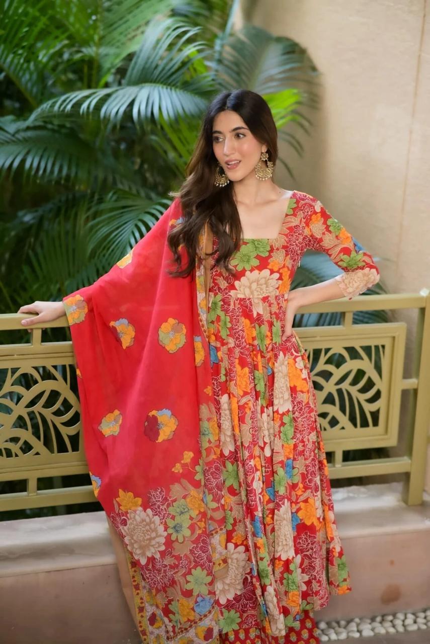Party Wear Multi Color Pure Soft Chex Cotton Printed Anarkali Huge Flair Palazzo Suit Suit