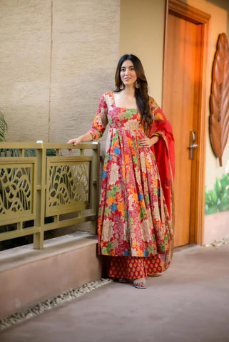 Party Wear Multi Color Pure Soft Chex Cotton Printed Anarkali Huge Flair Palazzo Suit Suit
