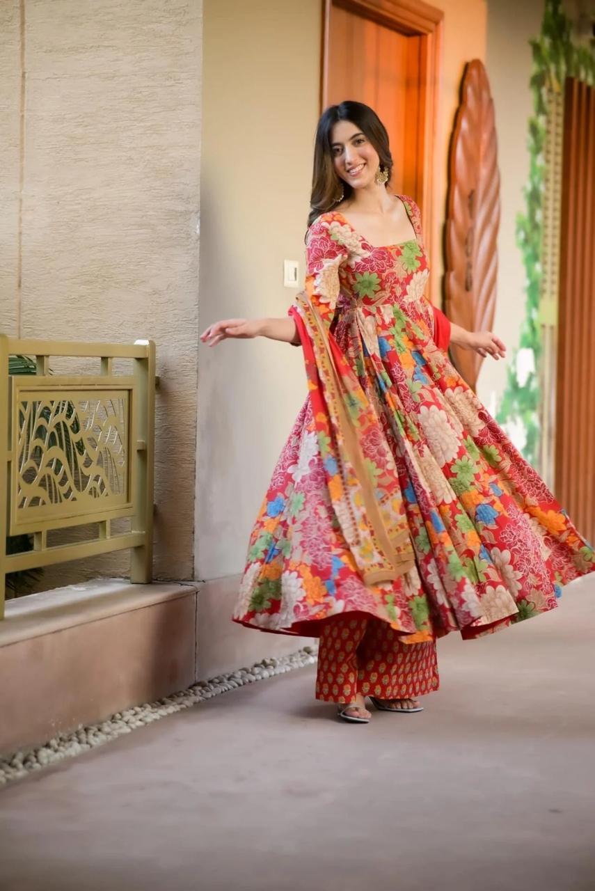 Party Wear Multi Color Pure Soft Chex Cotton Printed Anarkali Huge Flair Palazzo Suit Suit