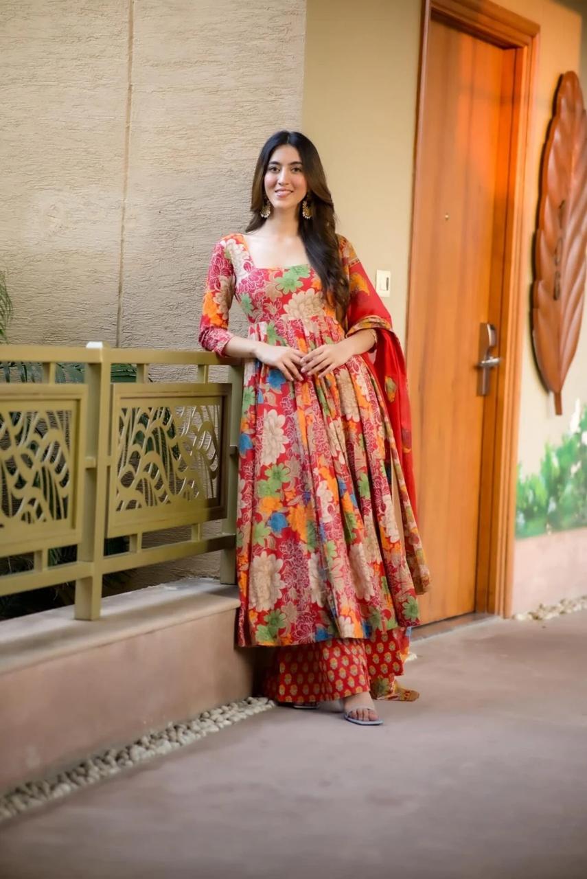 Party Wear Multi Color Pure Soft Chex Cotton Printed Anarkali Huge Flair Palazzo Suit Suit