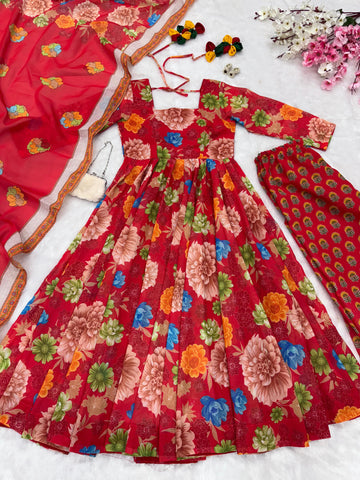 Party Wear Multi Color Pure Soft Chex Cotton Printed Anarkali Huge Flair Palazzo Suit Suit