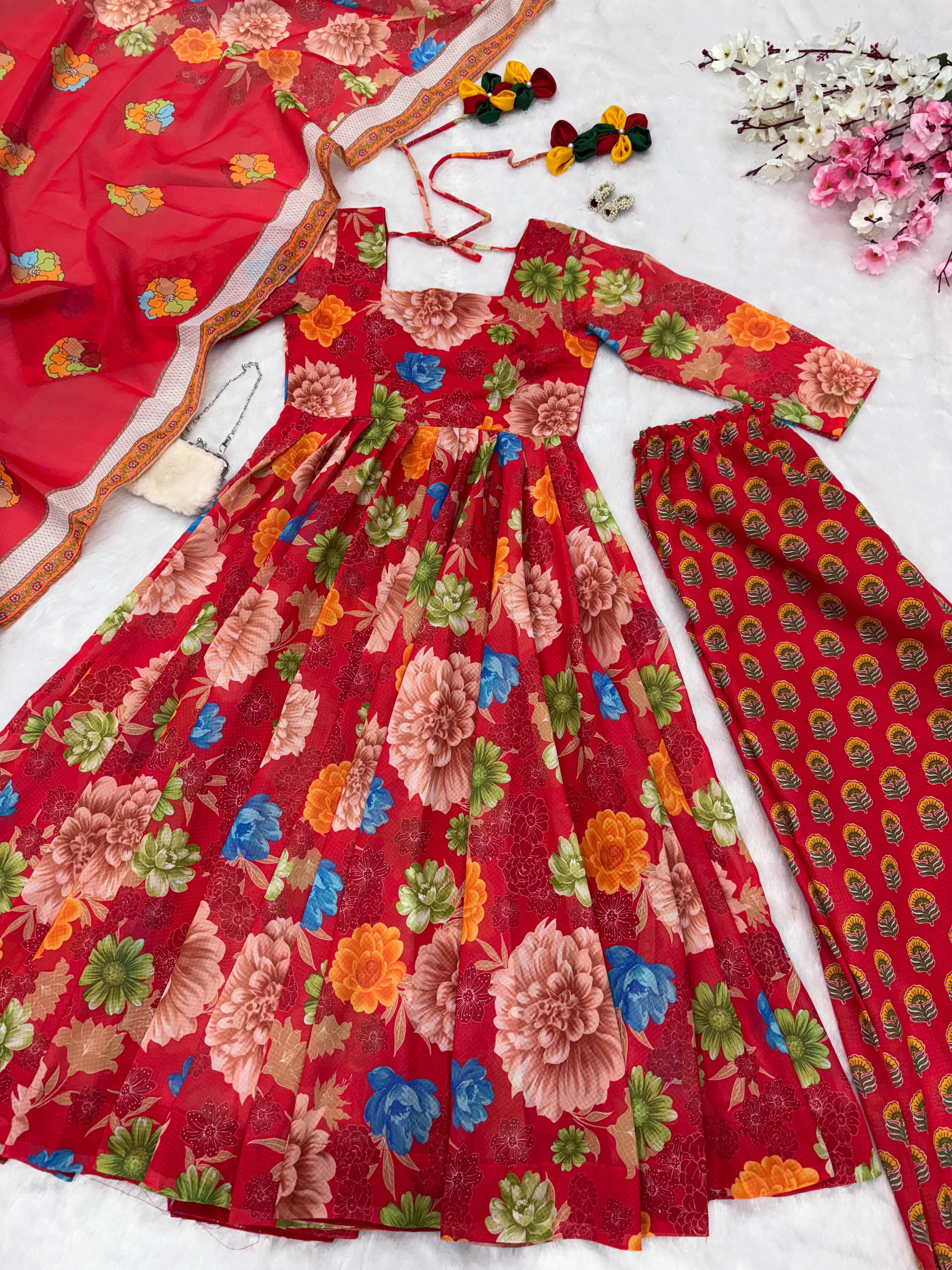 Party Wear Multi Color Pure Soft Chex Cotton Printed Anarkali Huge Flair Palazzo Suit Suit