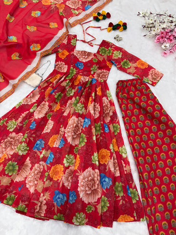 Party Wear Multi Color Pure Soft Chex Cotton Printed Anarkali Huge Flair Palazzo Suit Suit