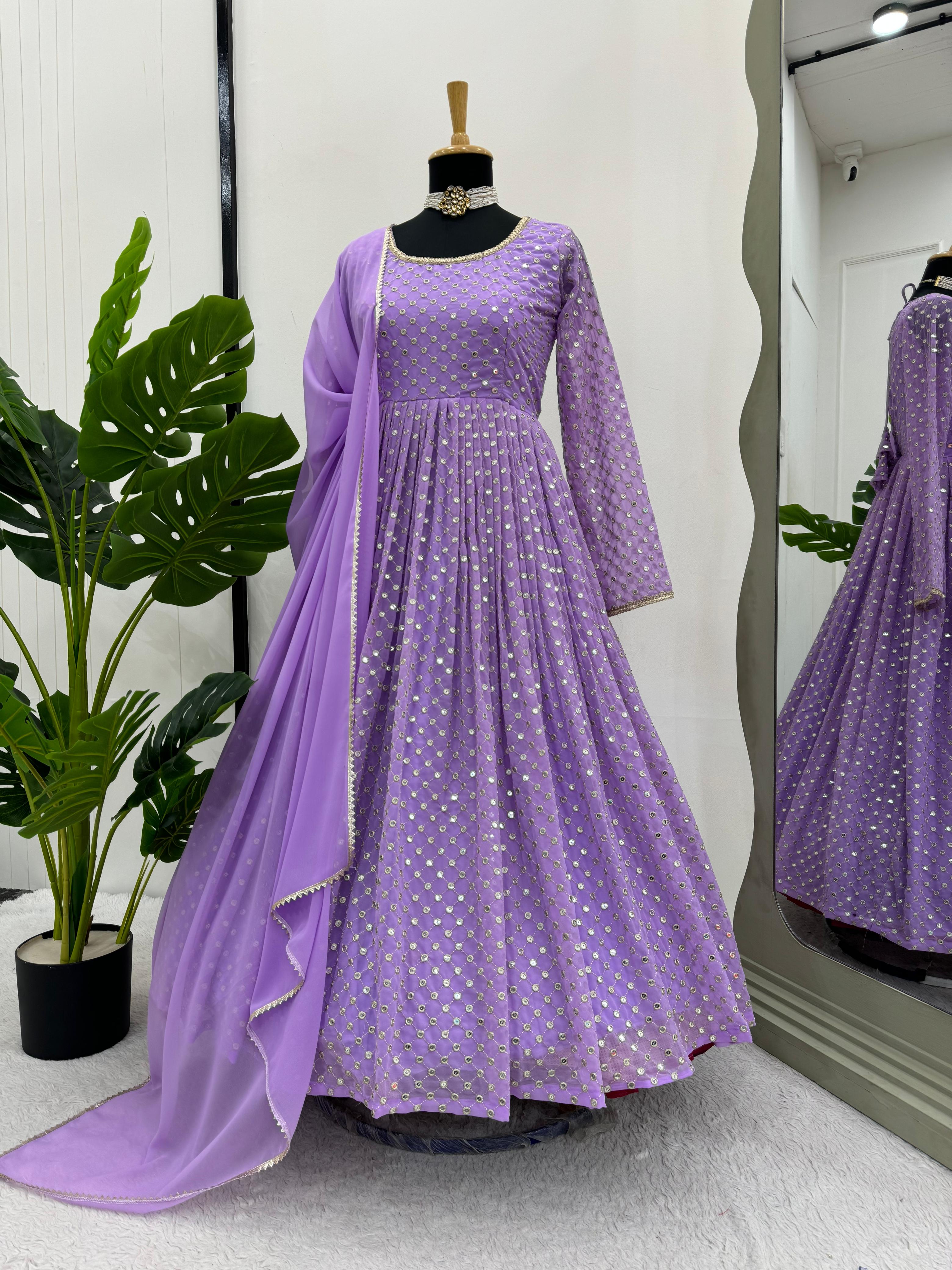 Gorgeous Lavender Color Heavy Georgette And Thread With 9mm Sequence Work Designer Gown