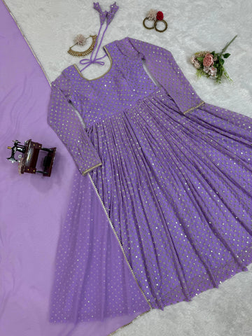 Gorgeous Lavender Color Heavy Georgette And Thread With 9mm Sequence Work Designer Gown