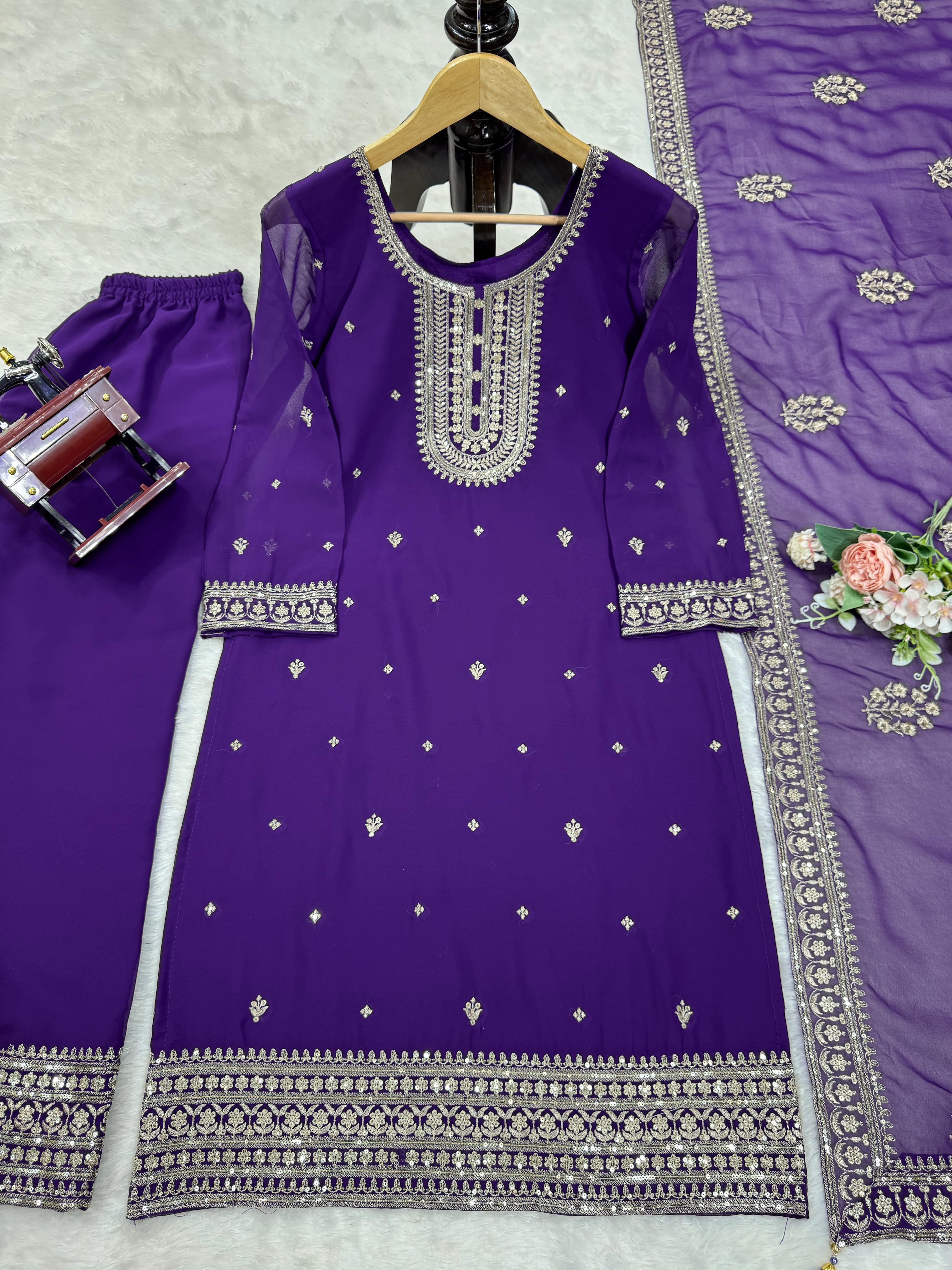 Mesmerizing Purple Color Faux Georgette And Thread With Sequence Designer Salwar Suit