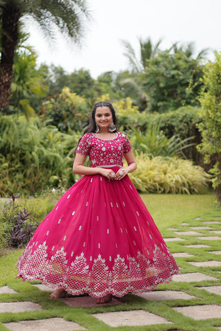 Party Wear Pink Color Faux Blooming With Embroidery Zari Sequin Work Designer Gown