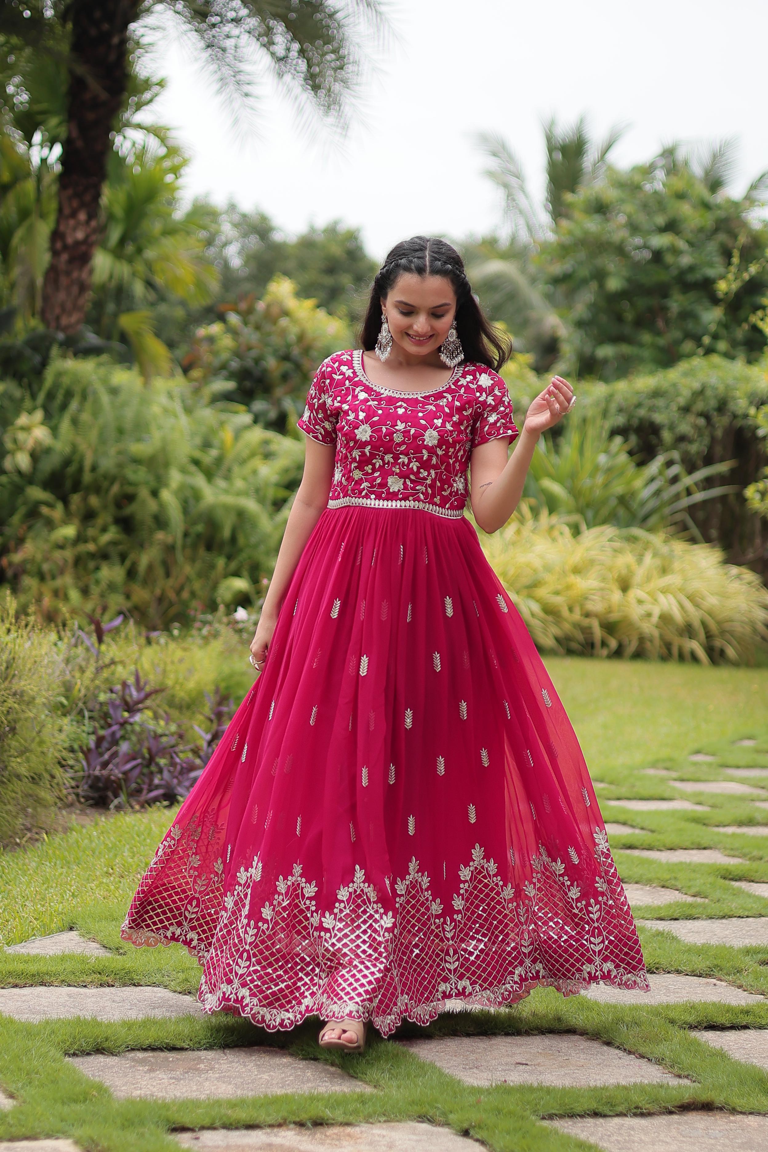 Party Wear Pink Color Faux Blooming With Embroidery Zari Sequin Work Designer Gown