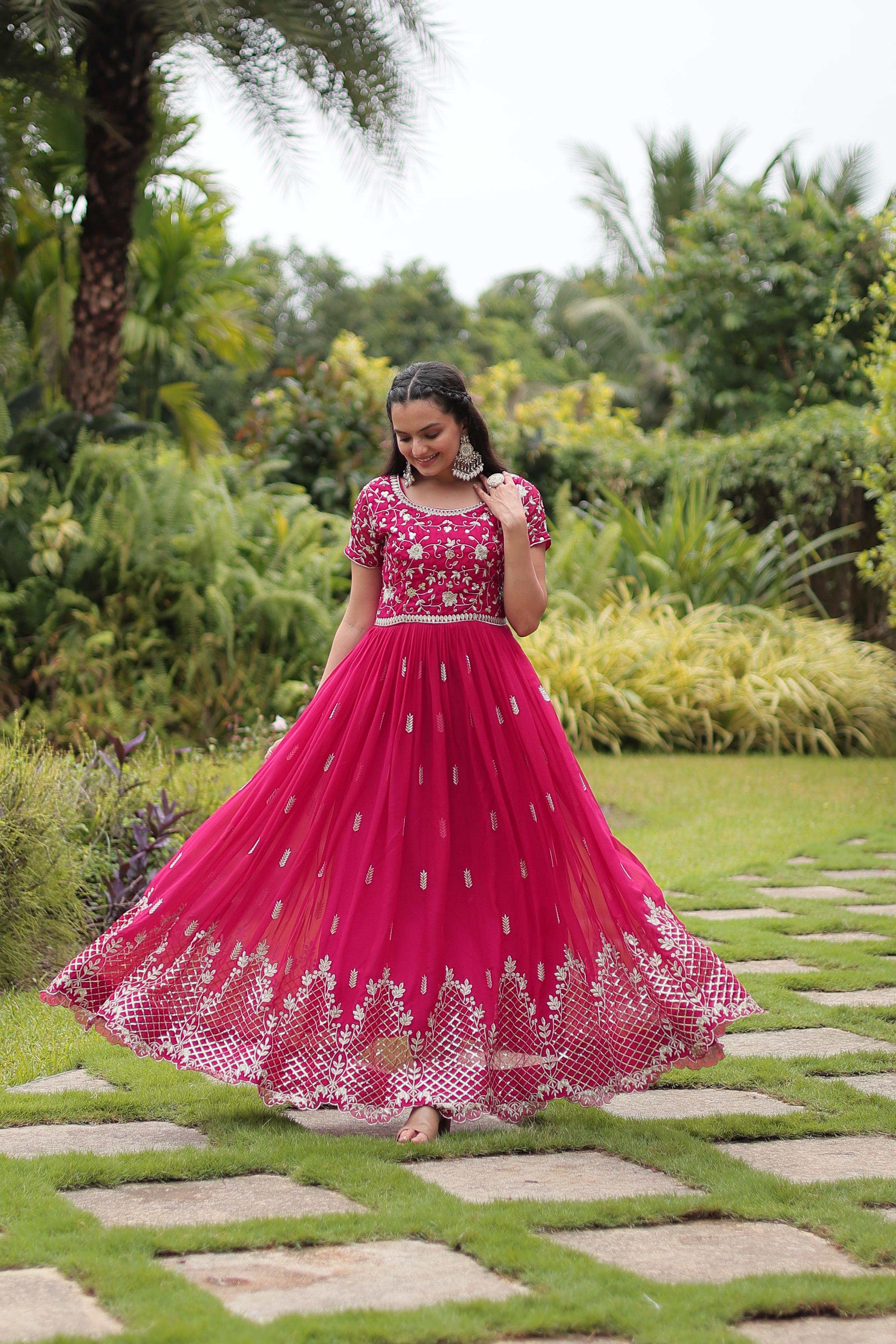 Party Wear Pink Color Faux Blooming With Embroidery Zari Sequin Work Designer Gown