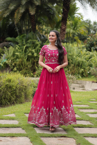 Party Wear Pink Color Faux Blooming With Embroidery Zari Sequin Work Designer Gown
