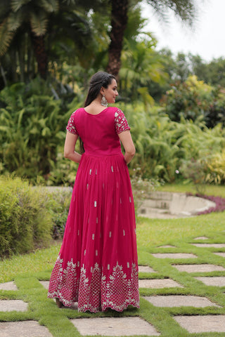 Party Wear Pink Color Faux Blooming With Embroidery Zari Sequin Work Designer Gown