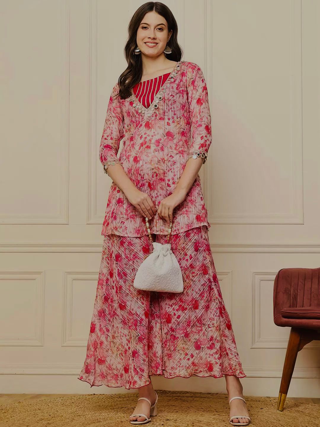 Designer Baby Pink Color Digital Print With Real Mirror Work Neck Beautiful Palazoo Suit