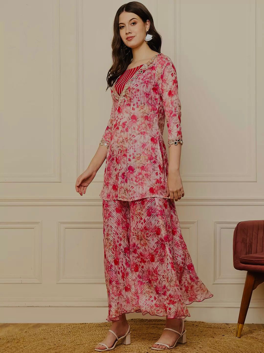 Designer Baby Pink Color Digital Print With Real Mirror Work Neck Beautiful Palazoo Suit