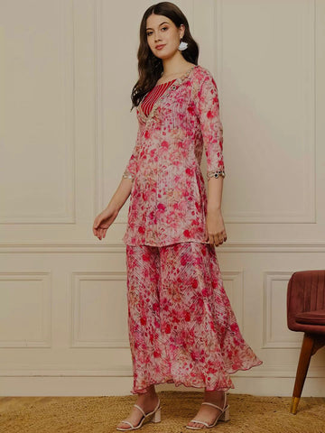Designer Baby Pink Color Digital Print With Real Mirror Work Neck Beautiful Palazoo Suit