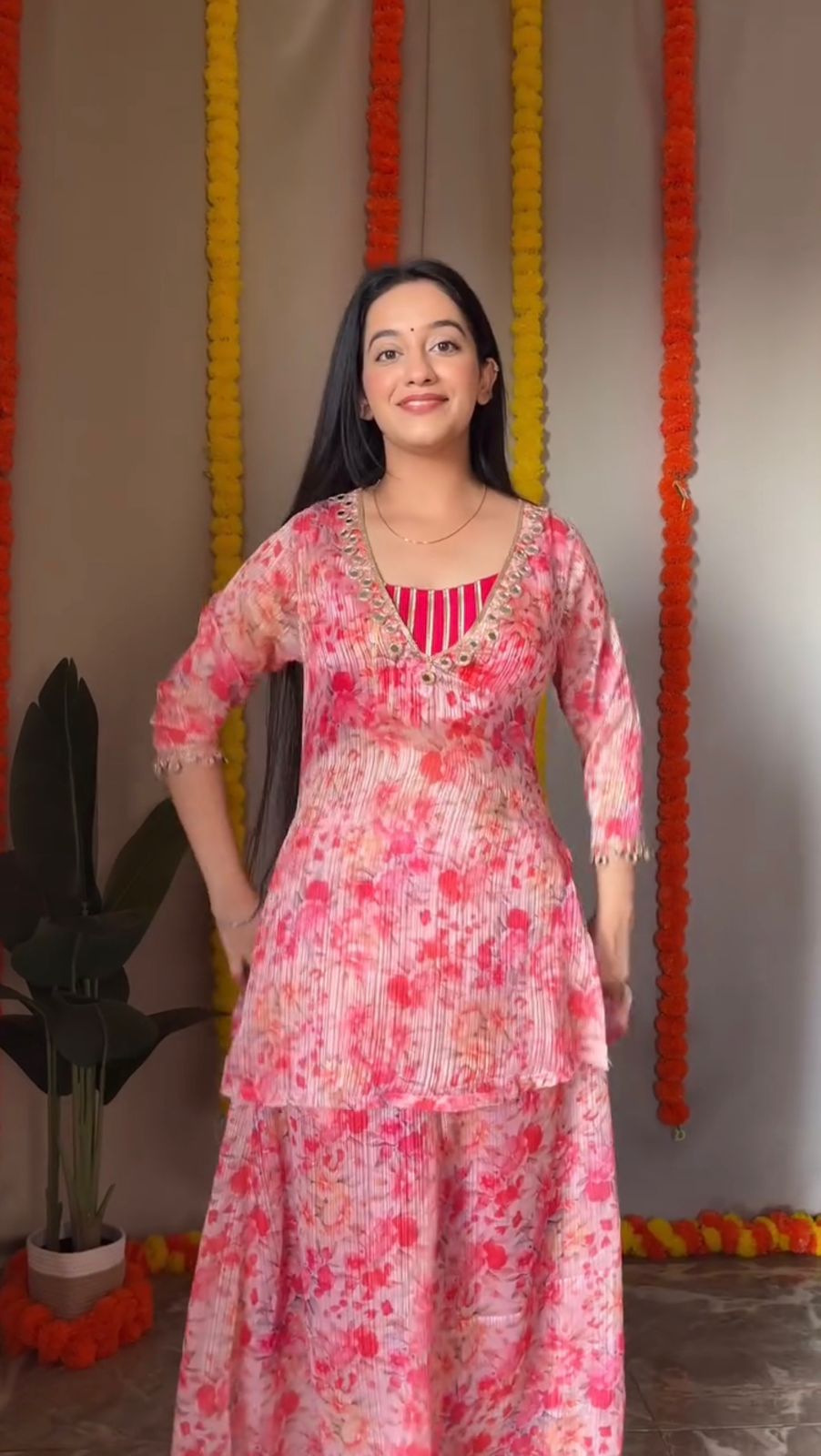 Designer Baby Pink Color Digital Print With Real Mirror Work Neck Beautiful Palazoo Suit