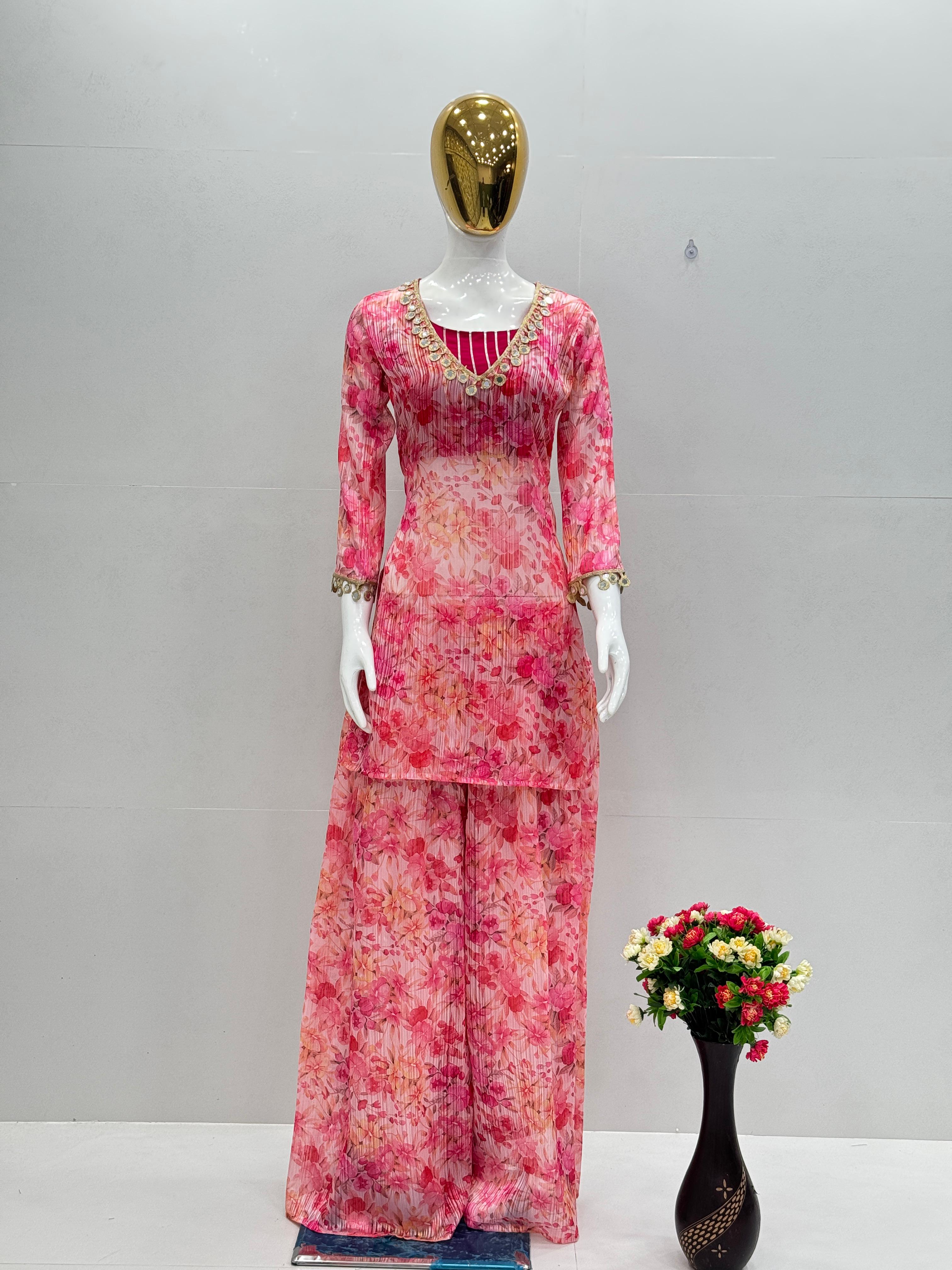 Designer Baby Pink Color Digital Print With Real Mirror Work Neck Beautiful Palazoo Suit