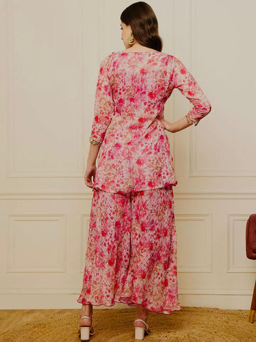 Designer Baby Pink Color Digital Print With Real Mirror Work Neck Beautiful Palazoo Suit