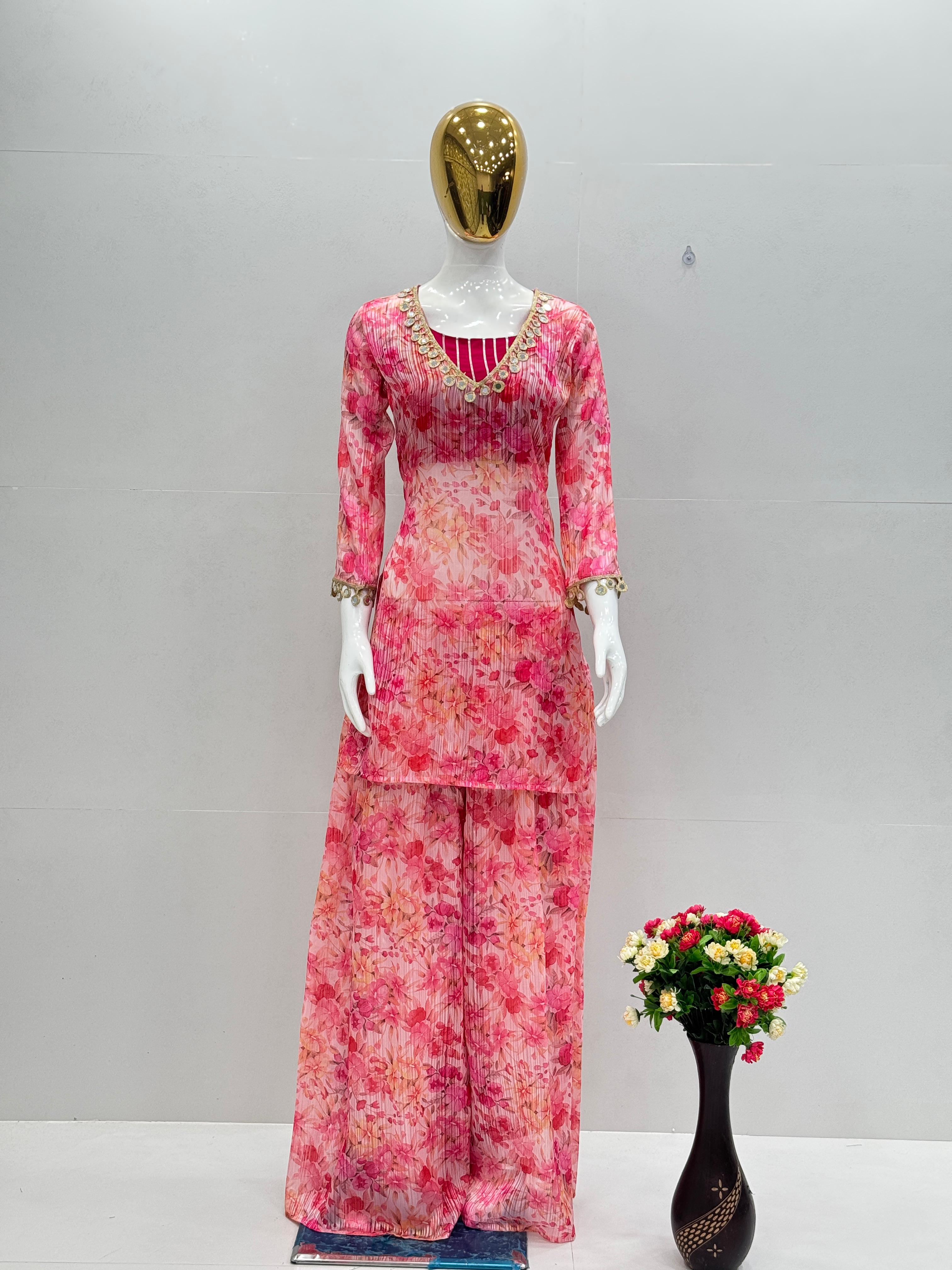 Designer Baby Pink Color Digital Print With Real Mirror Work Neck Beautiful Palazoo Suit