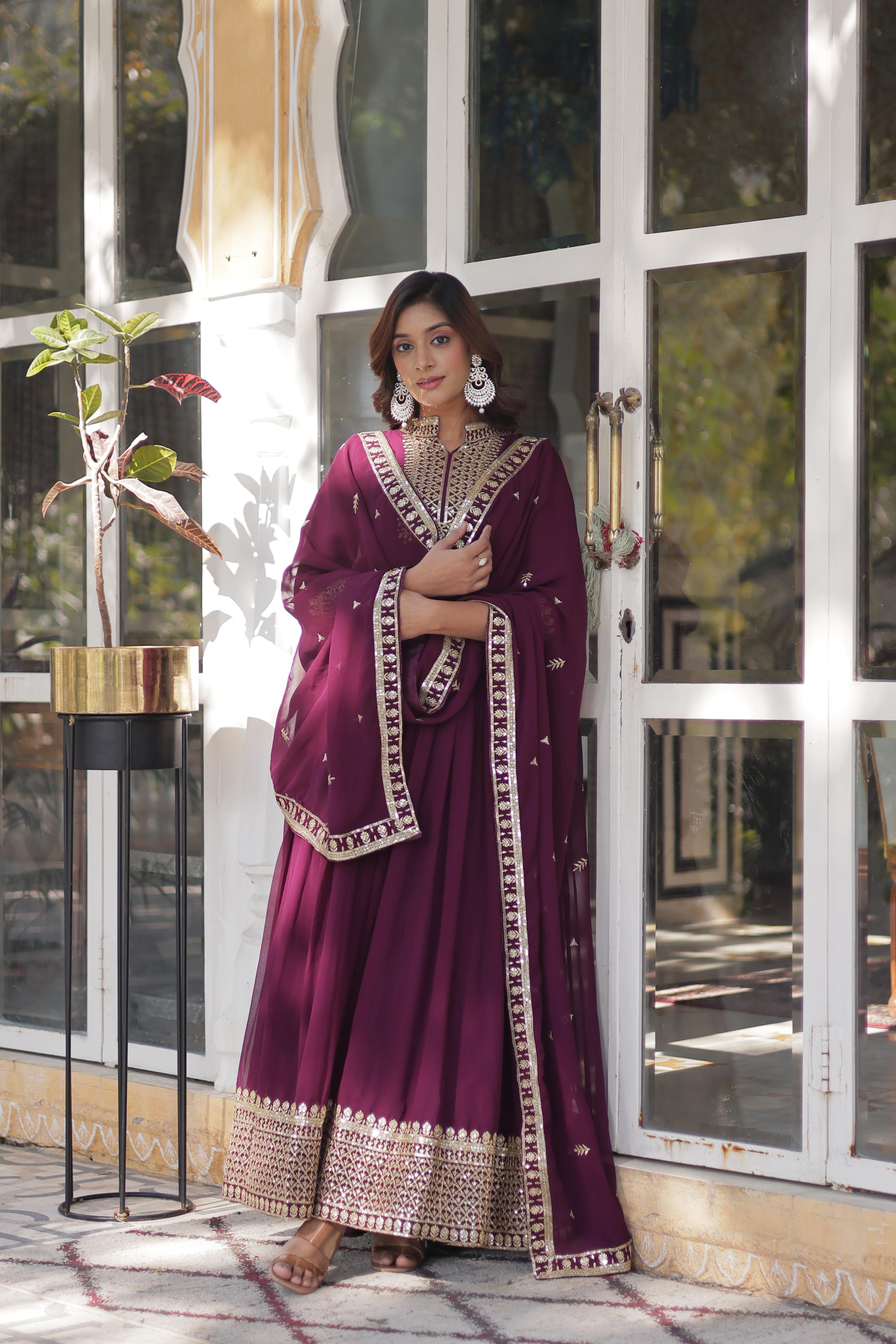 Ceremony Wear Wine Color Faux Blooming Georgette With Rich Sequins Embroidered Beautiful Gown