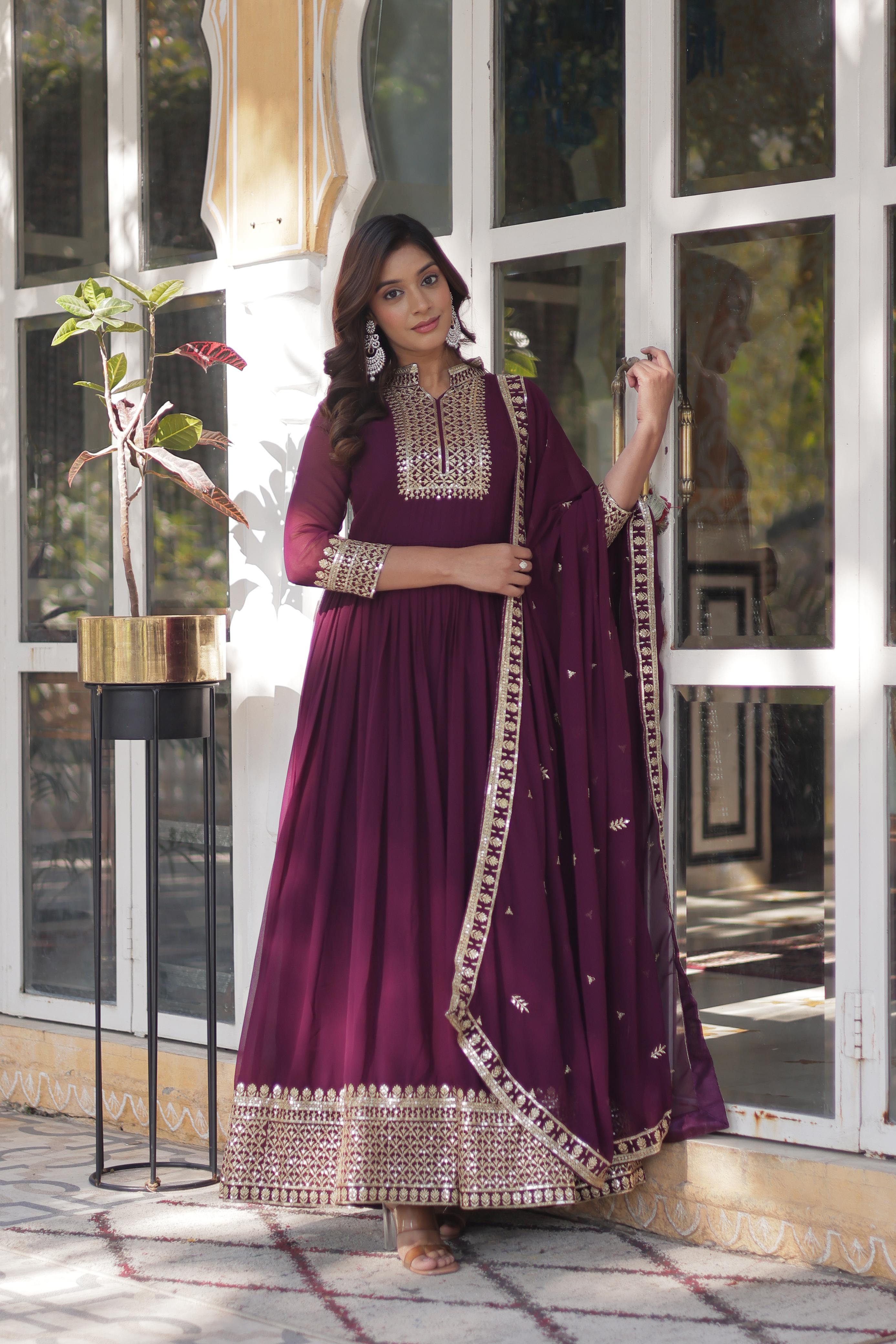 Ceremony Wear Wine Color Faux Blooming Georgette With Rich Sequins Embroidered Beautiful Gown