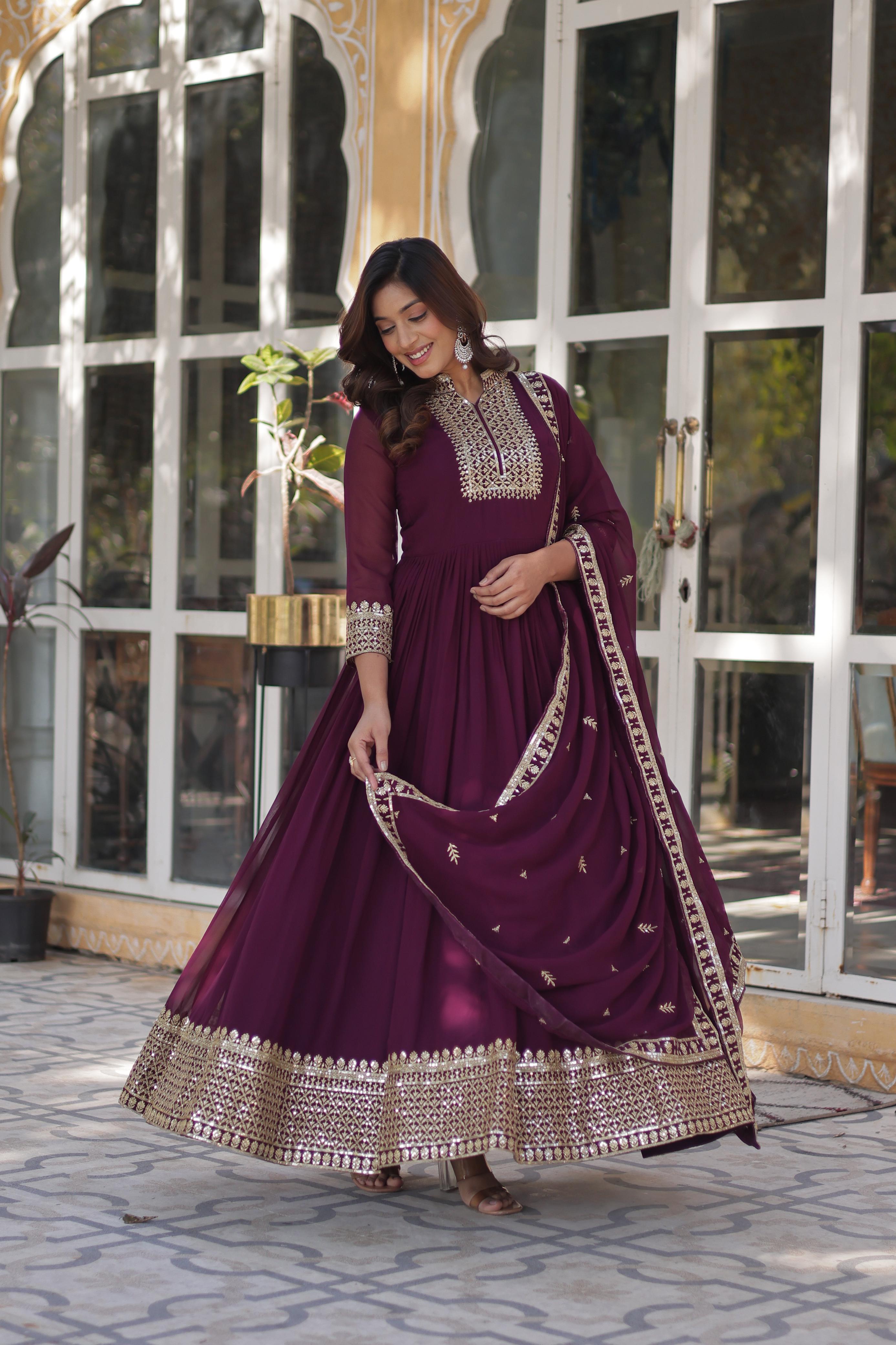 Ceremony Wear Wine Color Faux Blooming Georgette With Rich Sequins Embroidered Beautiful Gown