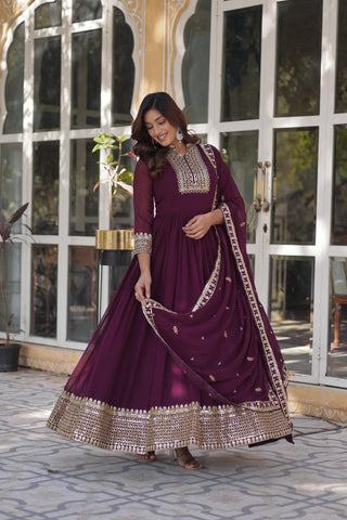 Ceremony Wear Wine Color Faux Blooming Georgette With Rich Sequins Embroidered Beautiful Gown