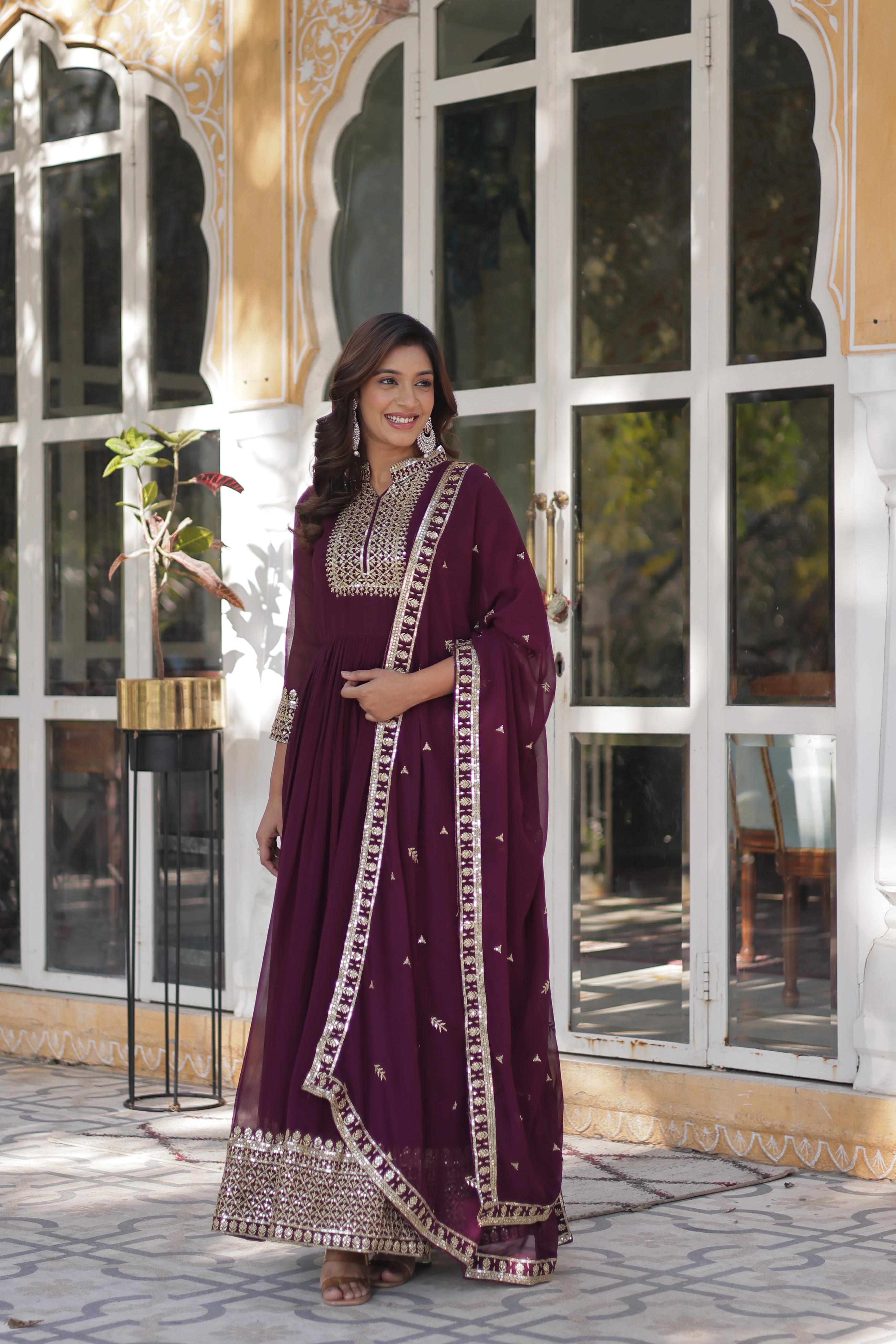 Ceremony Wear Wine Color Faux Blooming Georgette With Rich Sequins Embroidered Beautiful Gown