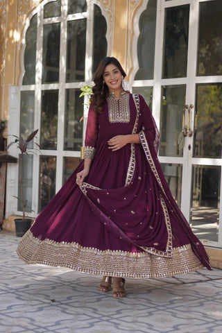 Ceremony Wear Wine Color Faux Blooming Georgette With Rich Sequins Embroidered Beautiful Gown