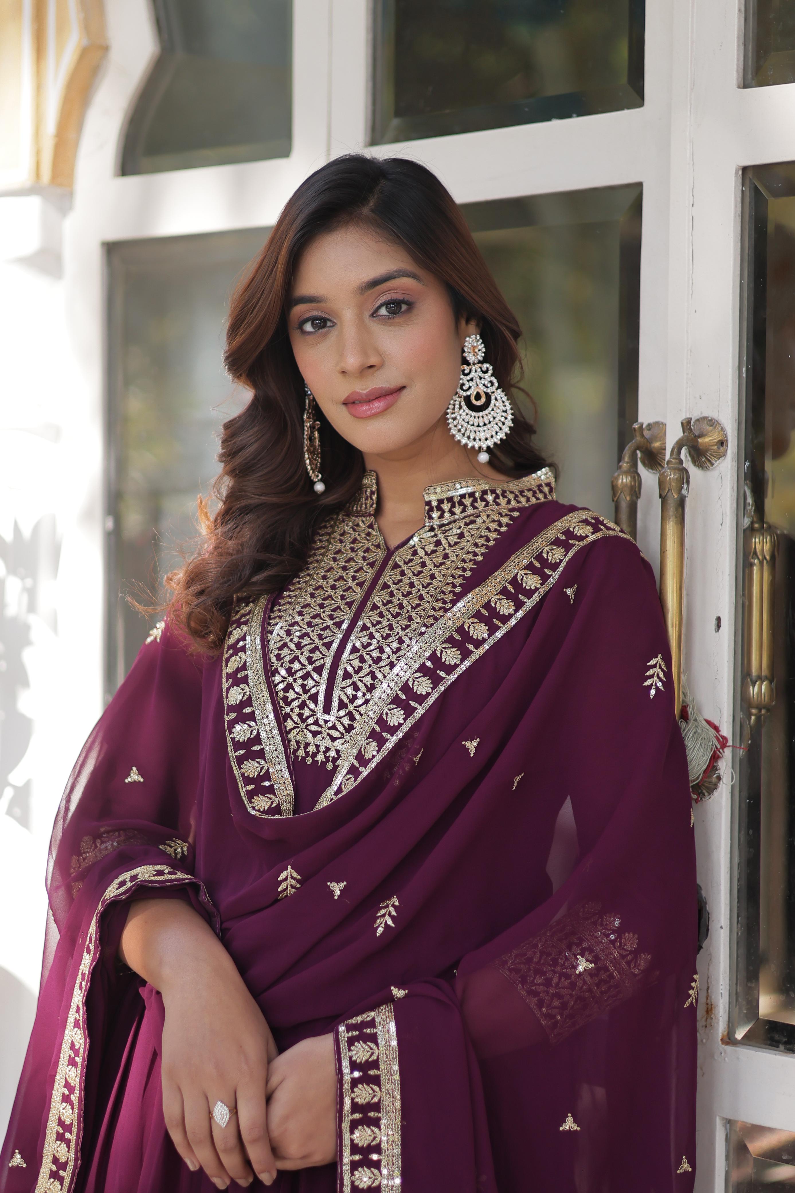 Ceremony Wear Wine Color Faux Blooming Georgette With Rich Sequins Embroidered Beautiful Gown