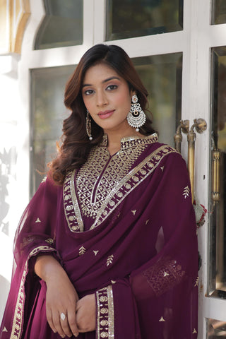 Ceremony Wear Wine Color Faux Blooming Georgette With Rich Sequins Embroidered Beautiful Gown
