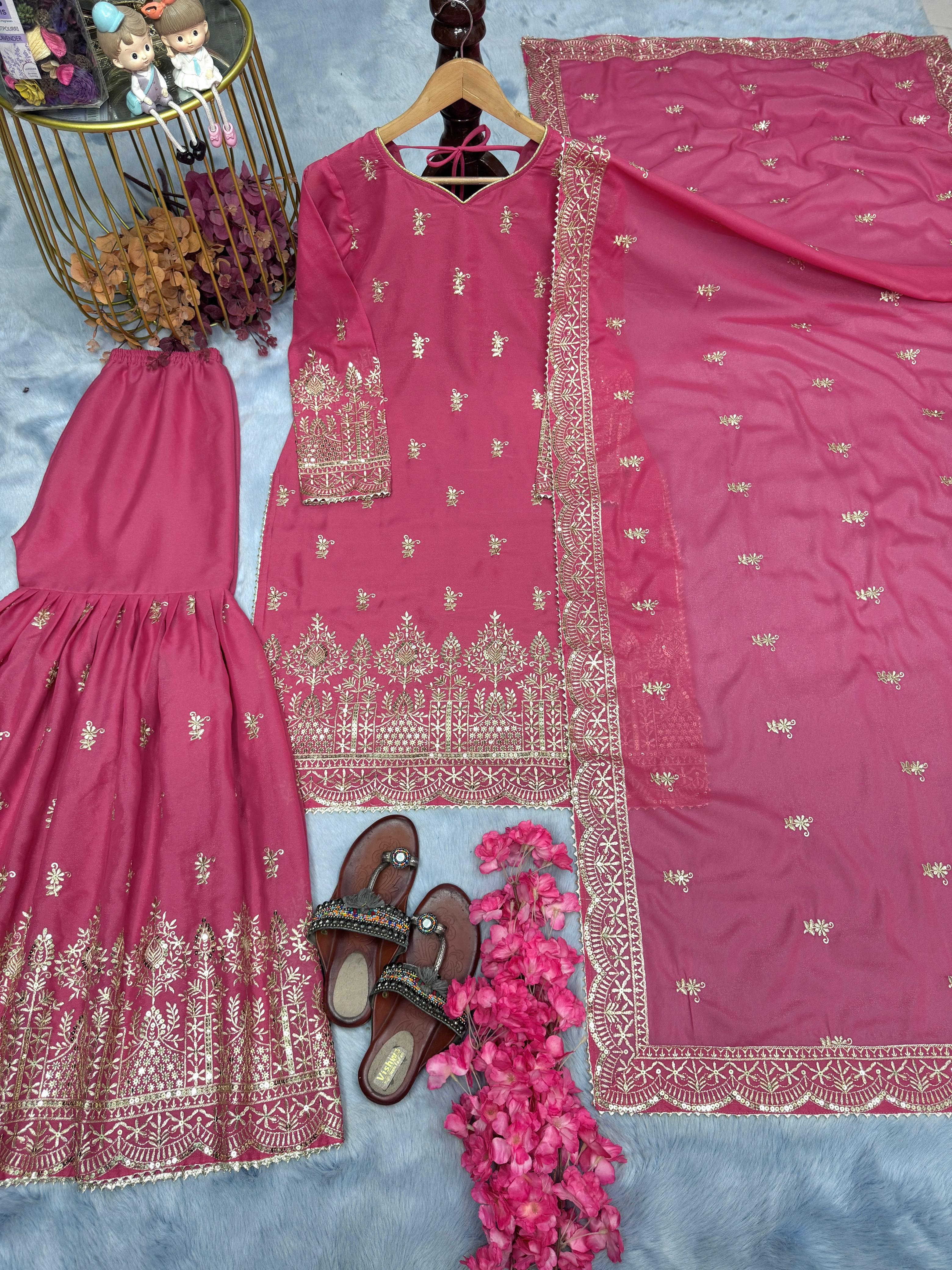 Wedding Wear Pink Color Heavy Simar Georgette With Heavy Embroidery 5mm Sequence Work Beautiful Sharara Suit