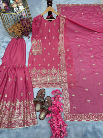 Wedding Wear Pink Color Heavy Simar Georgette With Heavy Embroidery 5mm Sequence Work Beautiful Sharara Suit