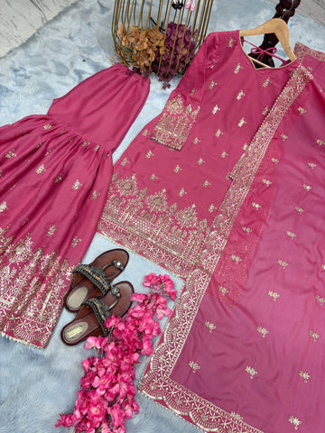 Wedding Wear Pink Color Heavy Simar Georgette With Heavy Embroidery 5mm Sequence Work Beautiful Sharara Suit