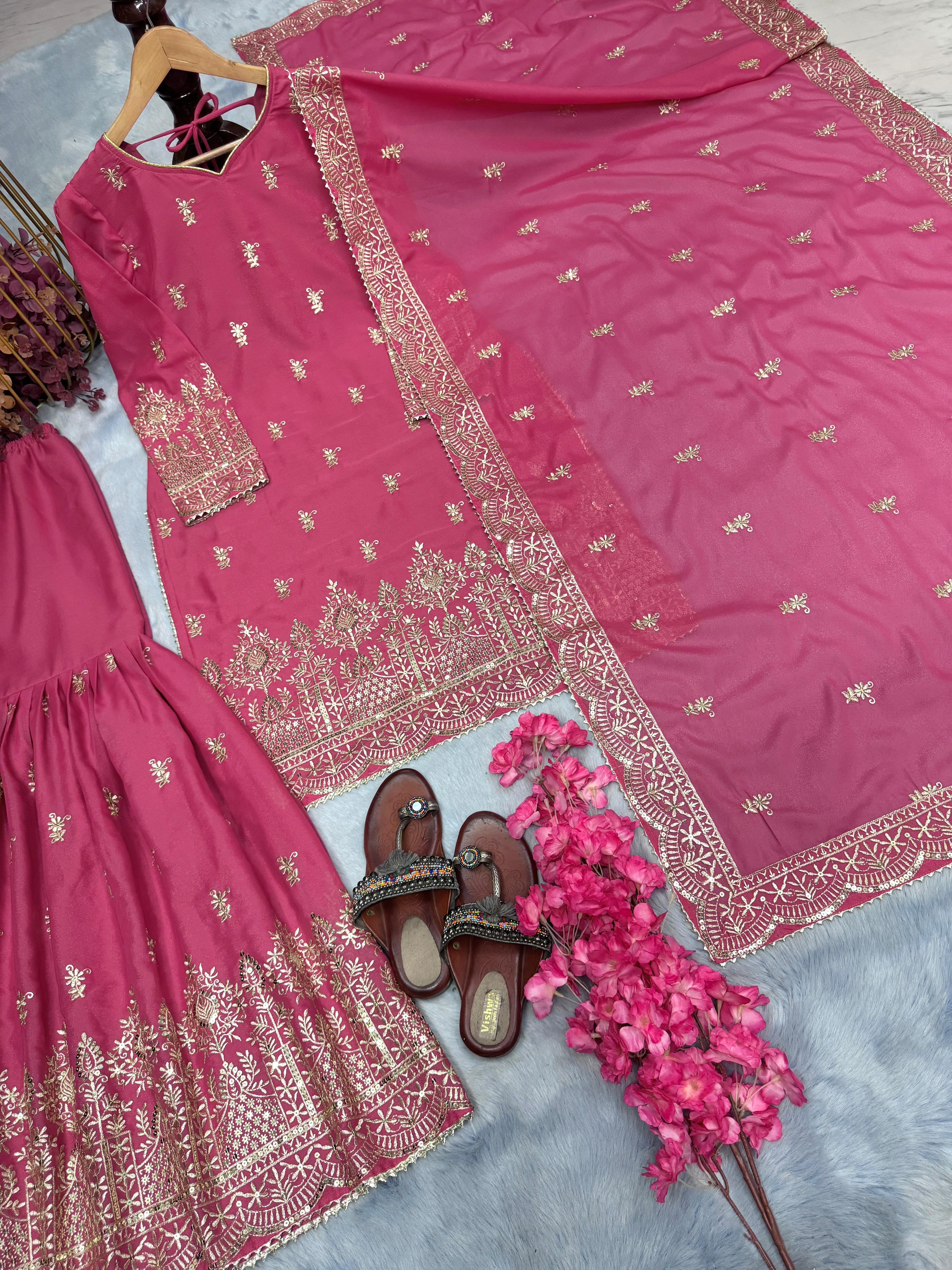 Wedding Wear Pink Color Heavy Simar Georgette With Heavy Embroidery 5mm Sequence Work Beautiful Sharara Suit